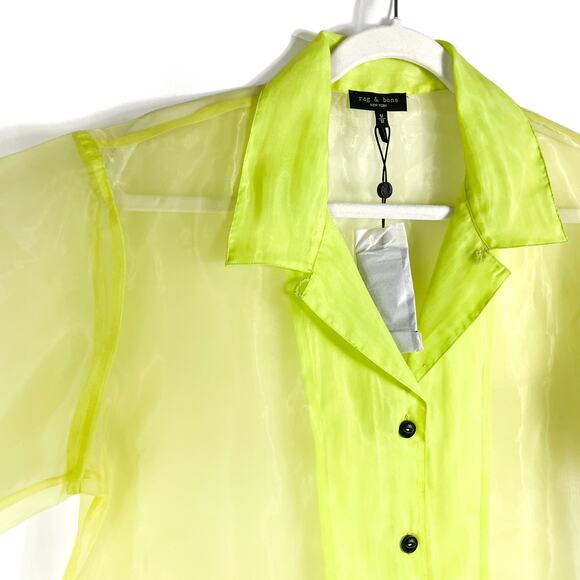 Rag & Bone Reed Shirt Neon Lime Green Button Front Short Sleeve Sheer Sz M - Picture 5 of 11